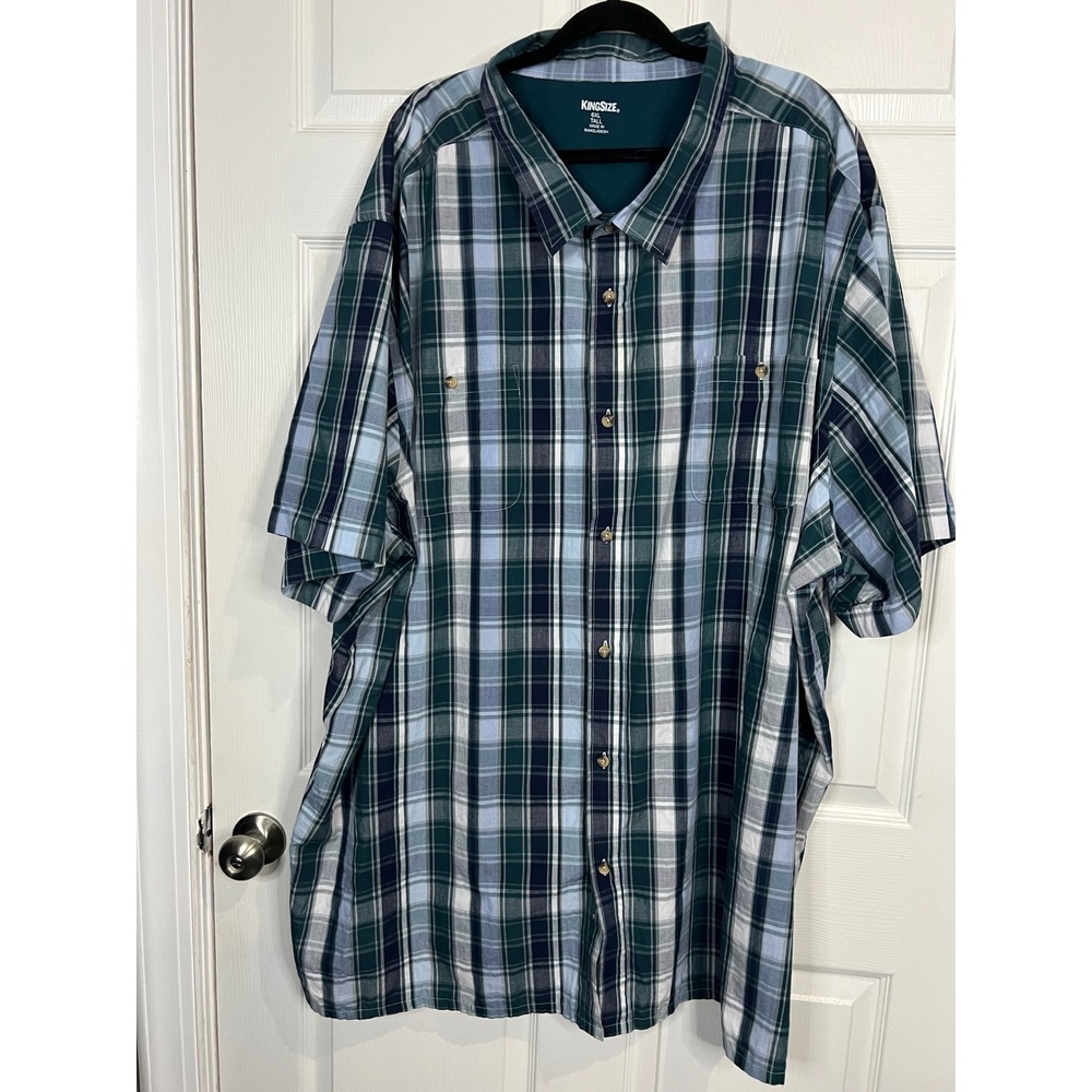 KingSize Button Down Shirt Mens Green Blue Plaid Short Sleeve - 6XL Tall